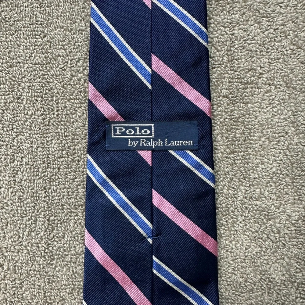 Polo Ralph Lauren Silk Tie Navy Blue Pink Striped Handmade Italy Mens Necktie